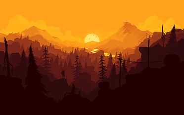 Firewatch Sunset Yellow, forest and mountain painting, Games HD wallpaper