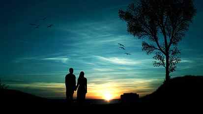 Romantic evening, couples, trees, birds, sunset, silhouette HD wallpaper