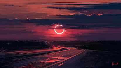 moon, sunset, Aenami, digital art, eclipse, landscape, road, painting HD wallpaper