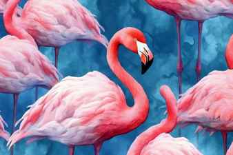 A stunning watercolor portrayal of graceful flamingoes in their natural habitat blending vibrant colors and delicate details bringing the exotic allure of tropical birds to life generative ai