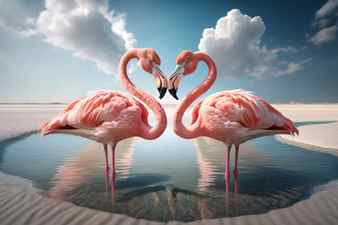 Couple flamingos neck heart shape on tropical beach abstract background love and nature concept generative ai Stock Photo