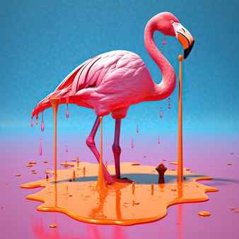 Exotic pink bird splashing in colored water flamingo on a blue background generative ai