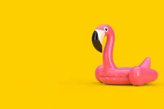 Summer swimming pool inflantable rubber pink flamingo toy on a yellow background 3d rendering