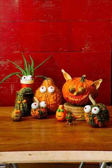 pumpkin faces googly eyes and fake warts on gourds