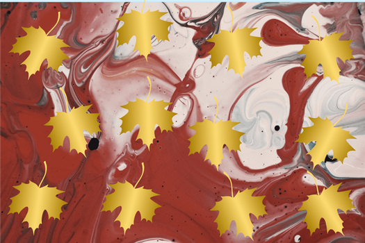 Metallic gold maple leaves on a white and red acrylic pour background, the perfect art project for November
