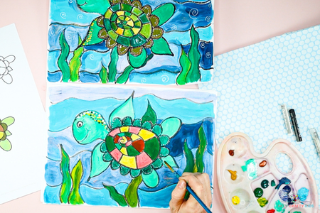 Try different painting techniques to complete the turtle. Pointillism is a great way to add texture and detail.