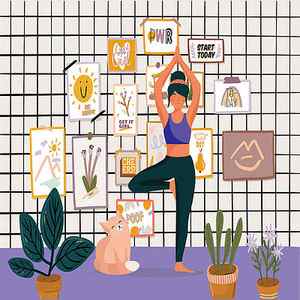 Wall Art - Drawing - Cat yoga illustration print, Stylish scandic living room interior, plants in pot, cozy autumn season by Mounir Khalfouf