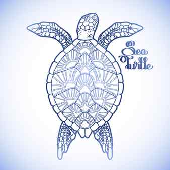 Graphic hawksbill sea turtle drawn in line art style ocean vector creature in blue colors isolated on white background top view coloring book page design Vector Illustration