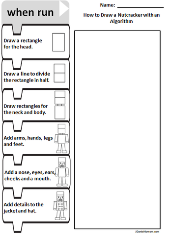 Offline Code Academy- How to Draw a Nutcracker with a Algorithm- worksheet with words and pictures