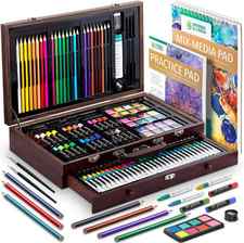 XXL144 Art Set in Wooden Box with Drawer Includes Crayons, Oil Pastels, Watercolor Paints, Colored Pencils, Sharpener and Sketch Pad