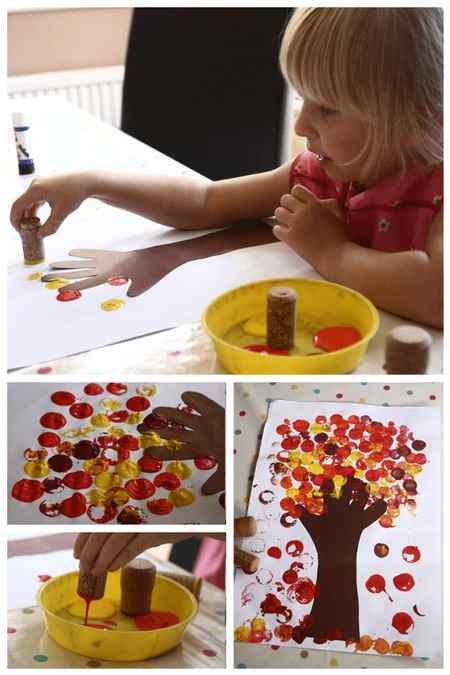 collage of the autumn craft for toddlers and preschoolers showing a little girl printing the leaves on the tree with a cork and the finnished project