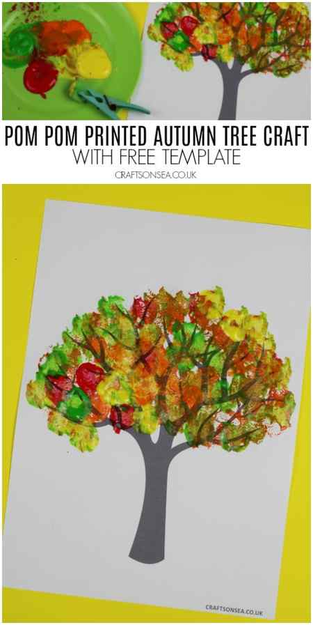 pom pom printed autumn tree craft with template preschool