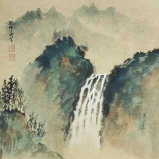 Painting Waterfall by Du Mingxuan | Painting Figurative Watercolor Landscapes