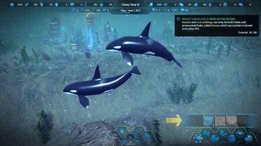 An Aquatico screenshot showing two killer whales swimming past an underwater city