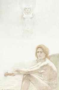 Wall Art - Drawing - Seated female nude with ghostly female figure in the background, 1897 by Armand Rassenfosse