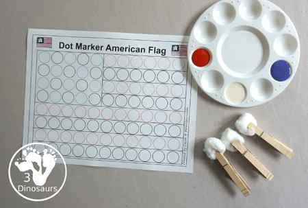 Free Dot Marker American Flag Printable -an easy fine motor craft with dot markers that kids can do to make an American Flag. This is great for Flag Day, Memorial Day, and the Fourth of July - 3Dinosaurs.com