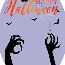 Halloween Ghost Two Hands And Bats, Happy Halloween Purple Oval Background by Mounir Khalfouf