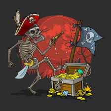 The skeleton pirate and the treasure, funny halloween party illustration by Mounir Khalfouf