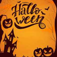 Happy Halloween Flat design halloween frame, pumpkins, bats and cemetery night scene illustration by Mounir Khalfouf