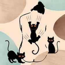 The Three Hallowcats, Minimal Halloween Art Print, sketchy womans back horrible bloody scene by Mounir Khalfouf