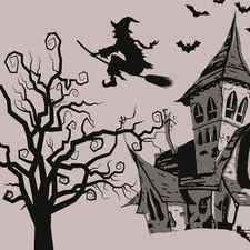 Halloween Witch On Broom Silhouette, Scary Tree House And Bats by Mounir Khalfouf