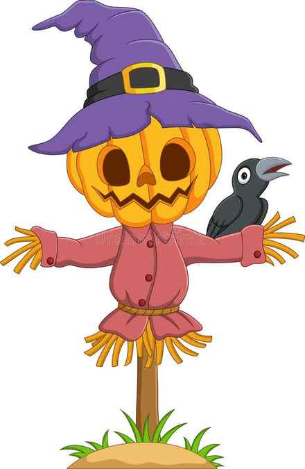 Cartoon halloween pumpkin scarecrow with crow