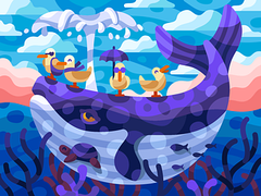 Whale and seagulls blue whale flat illustration painting puzzle seagulls vector whale whale illustration