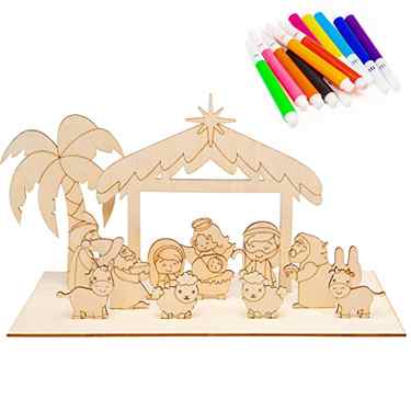 Haooryx 15Pcs Nativity Scene 3D Wood Art Craft Storytelling, Christmas Color Your Own Nativity Scene for Xmas Decorations Celebrate The Birth Party Game Christian Birthday Gift