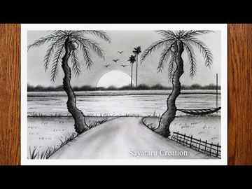 How to draw sunset scenery with pencil Village Nature Drawing for beginners Sunset canvas painting Sunrise drawing Beach sketches