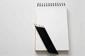 five assorted-color color pens on white spiral notebook