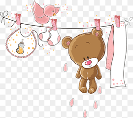 hanging brown bear, bib, socks, and bird illustration, Baby shower Child Infant Bear Diaper Cake, child, love, mammal, text png thumbnail