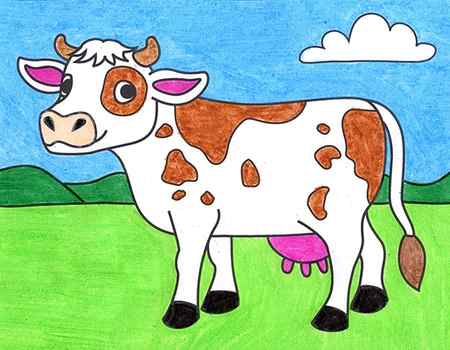 A drawing of a cow, made with the help of an easy step by step tutorial.