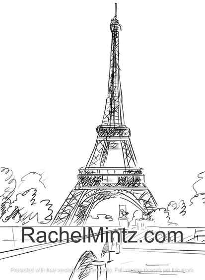 Paris Love - Eiffel Tower, Streets, Cafes, Hand Sketched Coloring (PDF Book)