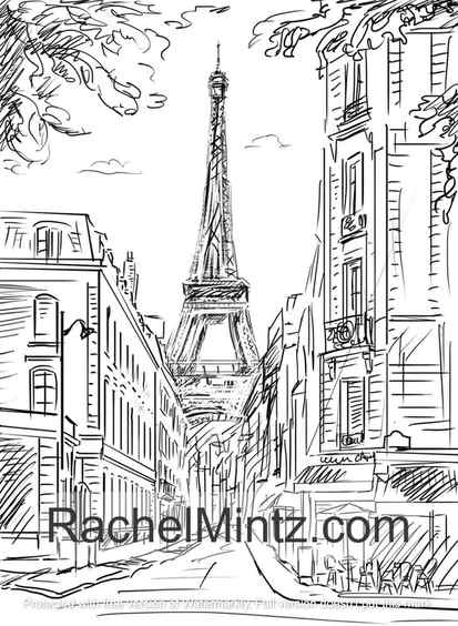 Paris Love - Eiffel Tower, Streets, Cafes, Hand Sketched Coloring (PDF Book)