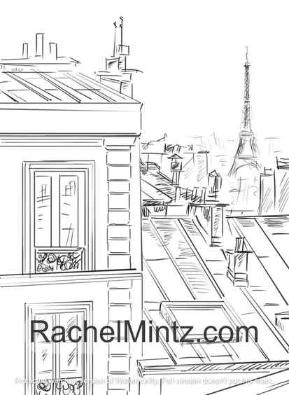 Paris Love - Eiffel Tower, Streets, Cafes, Hand Sketched Coloring (PDF Book)