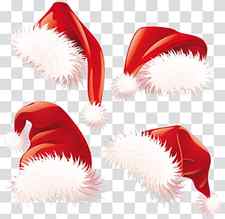 four red-and-white santa hats illustration, Santa Claus Christmas Hat , Christmas Santa Hats transparent background PNG clipart thumbnail