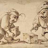 Two Dwarfs Playing Dice a Dog at Left by Attributed to Faustino Bocchi