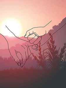 Wall Art - Drawing - Hand drawn Pinky Promise Concept Line Art Sunset Sunrise Nature Landscape by Mounir Khalfouf