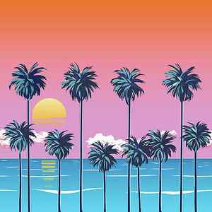 Wall Art - Drawing - Sunset on the beach with palm trees, turquoise ocean and orange sky with clouds. Sun over the horizon. Tropical Surfing beach. by Julien