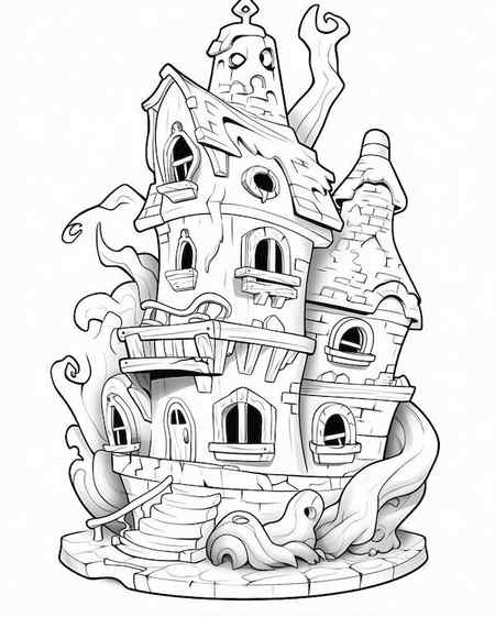 Fantasy monster house coloring page