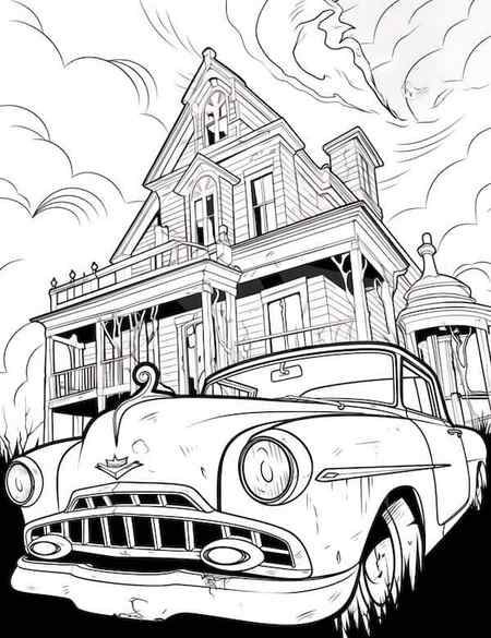 Car parked outside of a haunted house