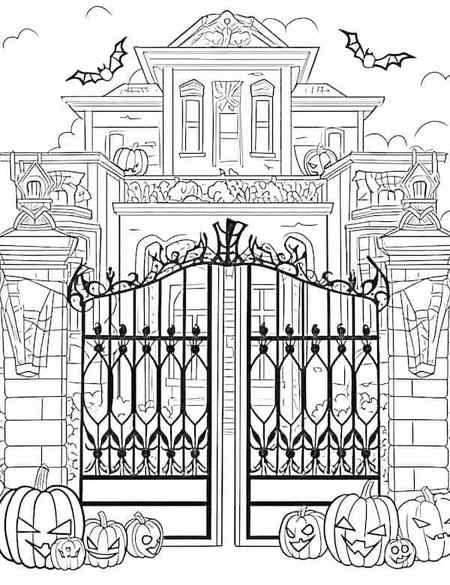 Gated Halloween house coloring page