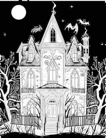 Witchy horror house at night coloring page