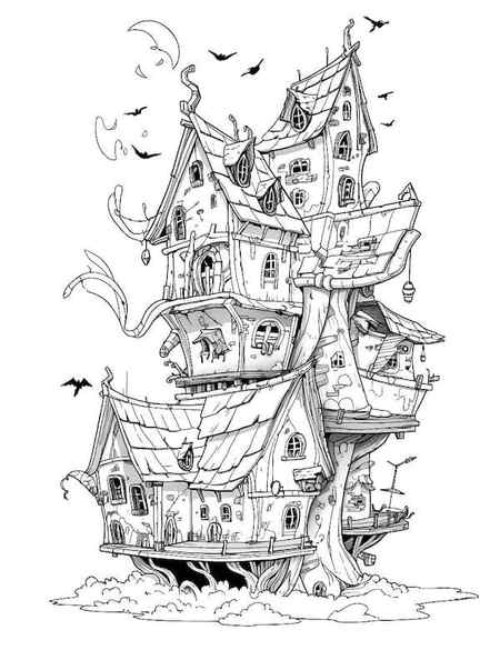 Fantasy haunted house coloring page